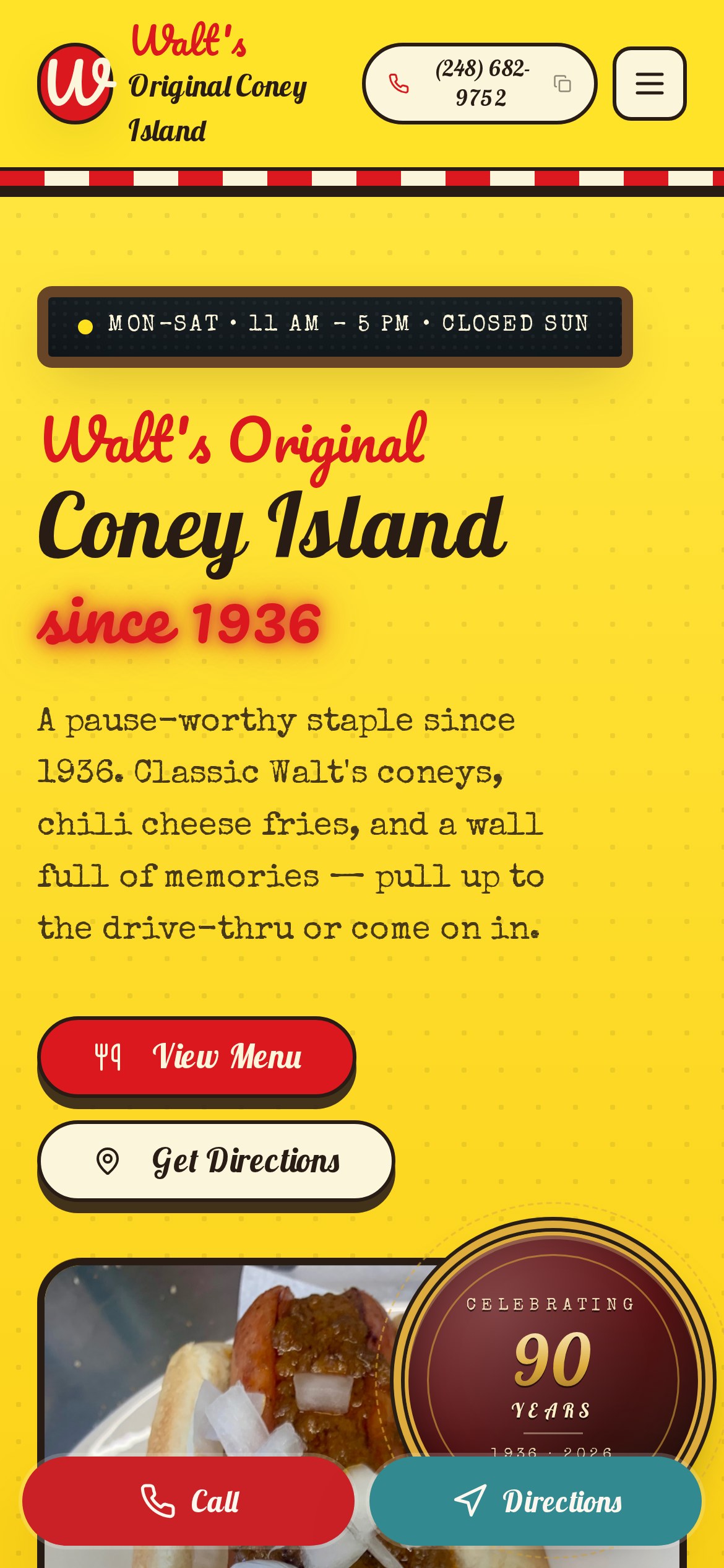 Walt's Coney Island website shown on a phone